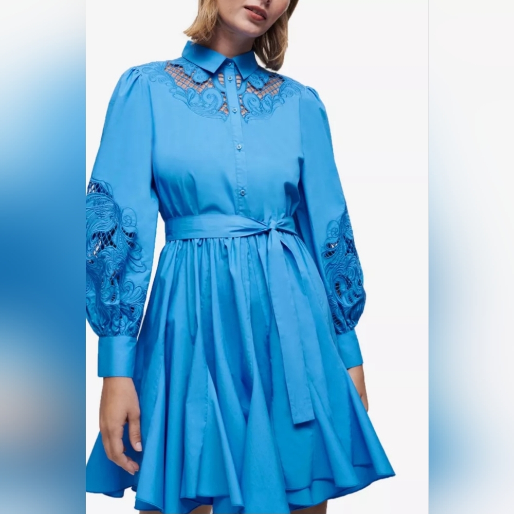 Maje Blue Rebello cotton and guipure lace skater dress sz 42